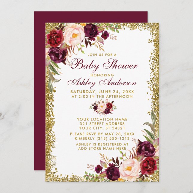 Watercolor Burgundy Floral Baby Shower Glitter Invitation (Front/Back)
