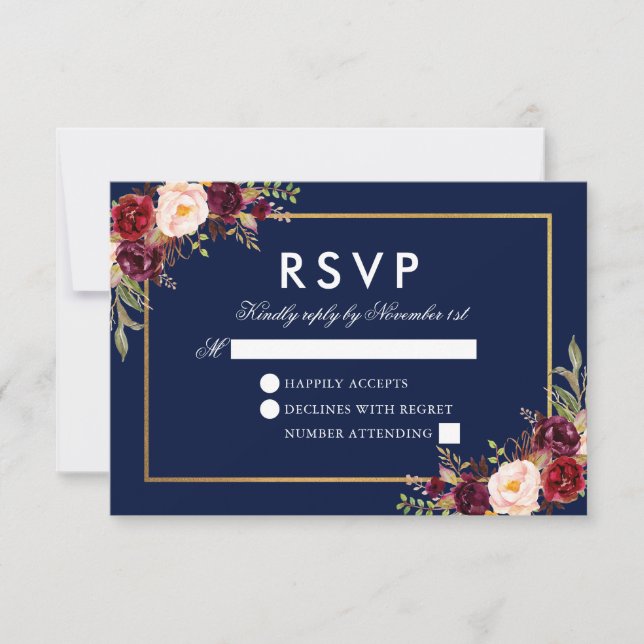 Watercolor Burgundy Floral Blue Gold RSVP Card (Front)