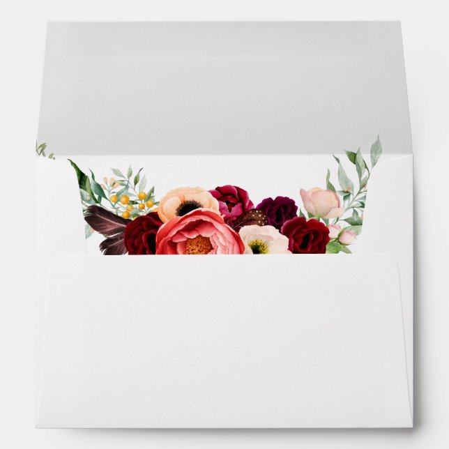 Watercolor Burgundy Floral Boho Wedding Invitation Envelope (Back (Bottom))