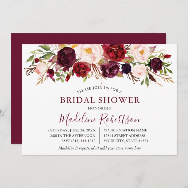Watercolor Burgundy Floral Bridal Shower Invitation (Front/Back)