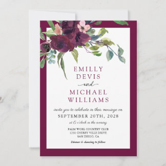 Watercolor Burgundy Floral Elegant Wedding Invitation