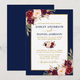 Watercolor Burgundy Floral Gold Blue Wedding Invitation