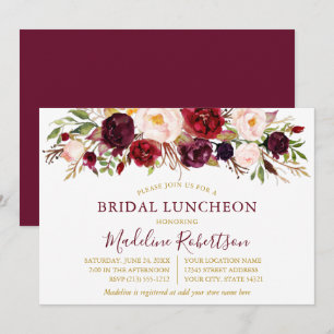 Watercolor Burgundy Floral Gold Bridal Luncheon Invitation