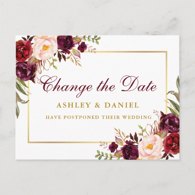 Watercolor Burgundy Floral Gold Change The Date Postcard (Front)