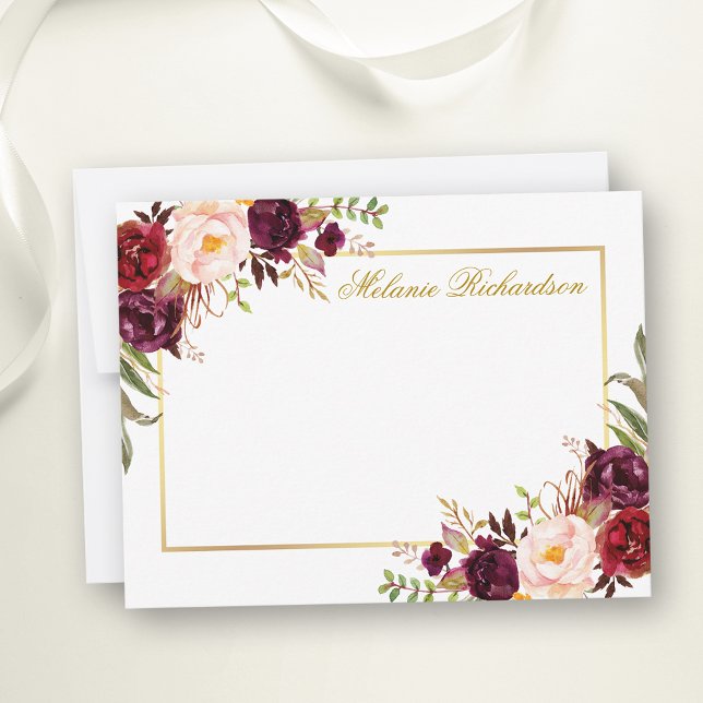 Watercolor Burgundy Floral Gold Frame Personalised Card (Customize to change text size, color, style or to add more text to front or back of card.)