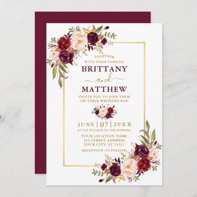 Watercolor Burgundy Floral Gold Frame Wedding Invitation (Front/Back)