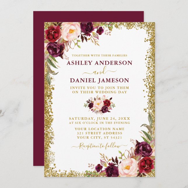 Watercolor Burgundy Floral Gold Glitter Wedding Invitation (Front/Back)