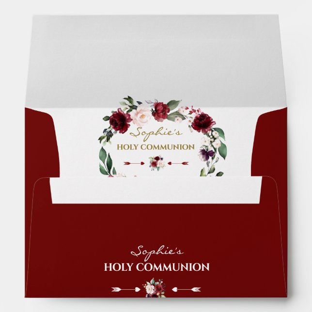 Watercolor Burgundy Floral Gold Holy Communion Envelope (Back (Bottom))