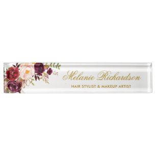Watercolor Burgundy Floral Gold Nameplate