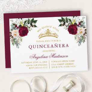 Watercolor Burgundy Floral Gold Quinceanera Invitation