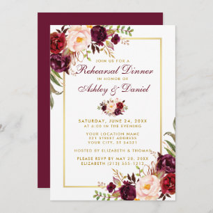Watercolor Burgundy Floral Gold Rehearsal Dinner Invitation