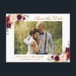 Watercolor Burgundy Floral Gold Save the Date Announcement Postcard<br><div class="desc">Watercolor Floral Burgundy Marsala Gold Save The Date Engagement Postcard</div>
