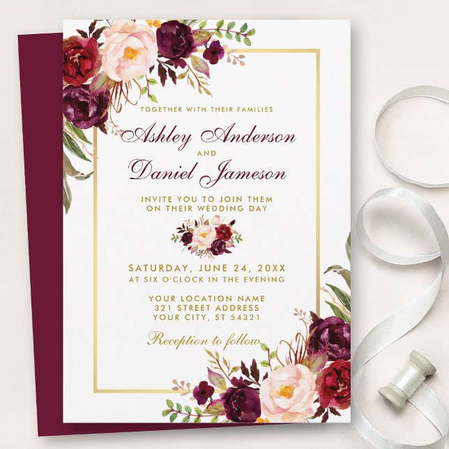Watercolor Burgundy Floral Gold Wedding Invitation (Customize to change text color, style, add text & photos to back or change color of back of card.)