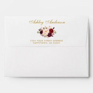 Watercolor Burgundy Floral Gold Wedding Invitation Envelope