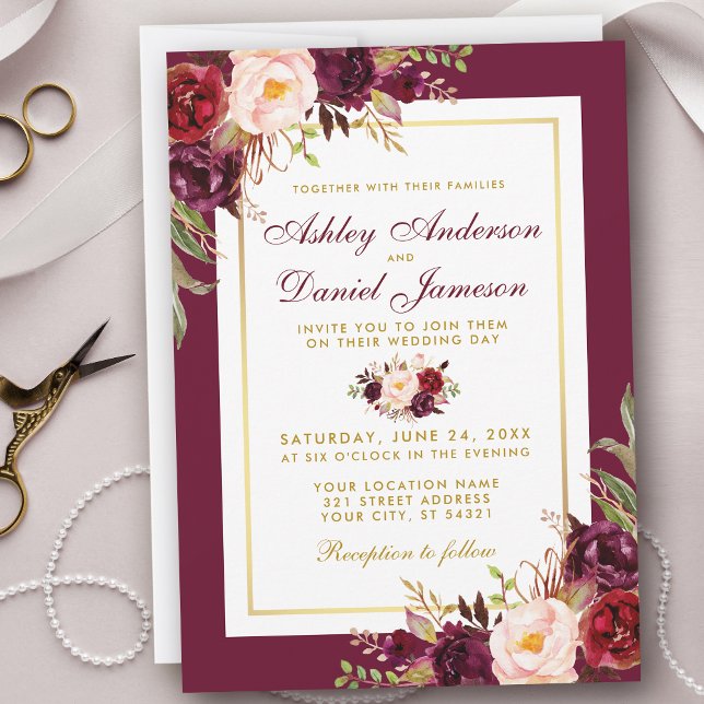 Watercolor Burgundy Floral Gold Wedding Invite (Customize to change text size, text style or color.)