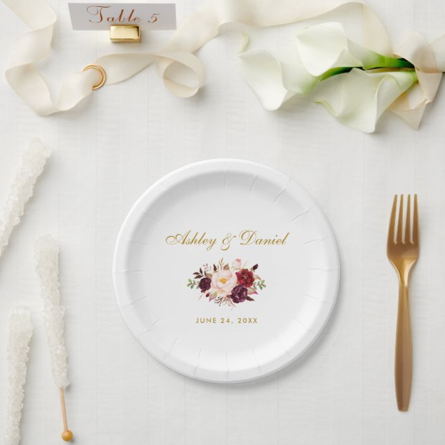 Watercolor Burgundy Floral Gold Wedding Paper Plate (Wedding)