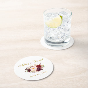 Watercolor Burgundy Floral Gold Wedding Round Paper Coaster