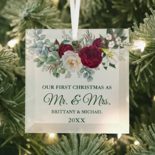 Watercolor Burgundy Floral Greenery Mr. and Mrs. Glass Tree Decoration