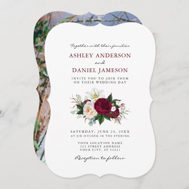 Watercolor Burgundy Floral Greenery Photo Wedding Invitation (Front/Back)