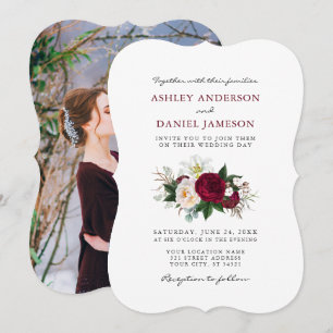 Watercolor Burgundy Floral Greenery Photo Wedding Invitation