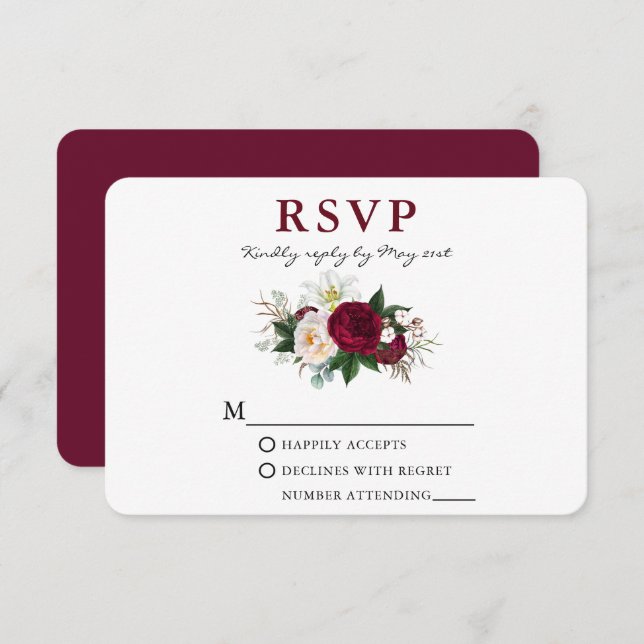 Watercolor Burgundy Floral Greenery Rd RSVP Card (Front/Back)