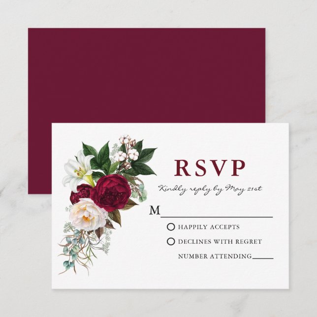 Watercolor Burgundy Floral Greenery RSVP (Front/Back)