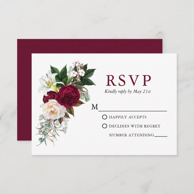 Watercolor Burgundy Floral Greenery RSVP Card (Front/Back)