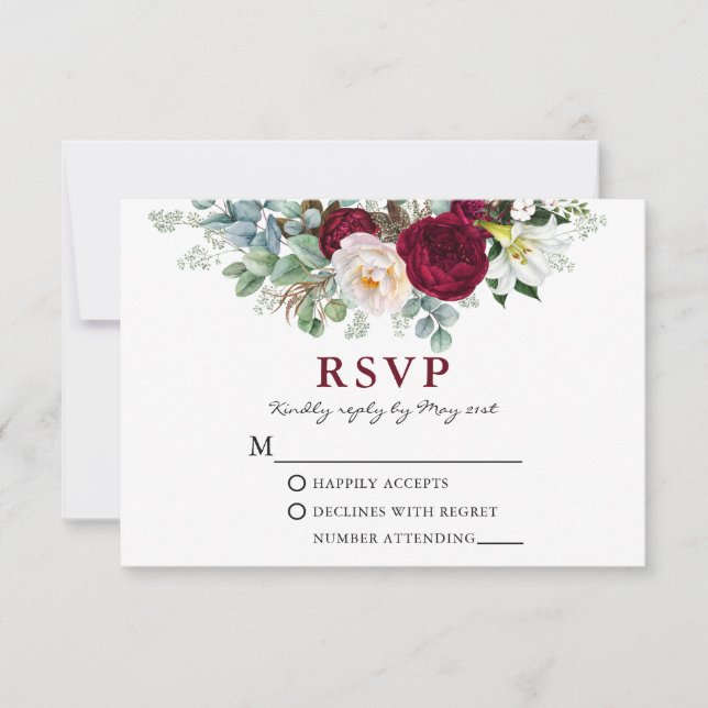 Watercolor Burgundy Floral Greenery RSVP Card (Front)
