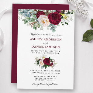 Watercolor Burgundy Floral Greenery Wedding B Invitation
