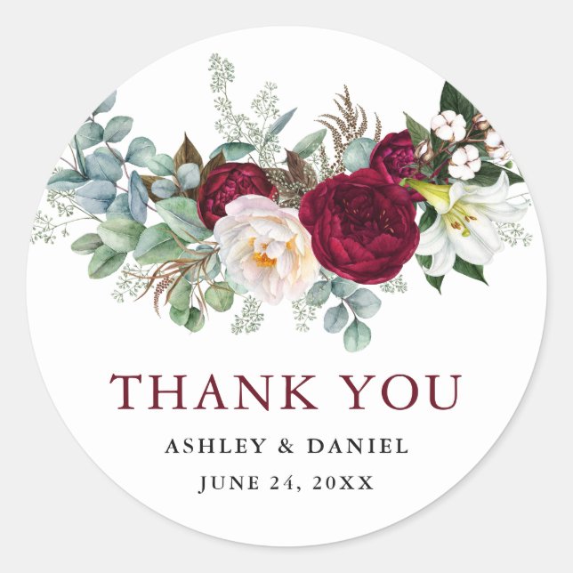 Watercolor Burgundy Floral Greenery Wedding Classic Round Sticker (Front)