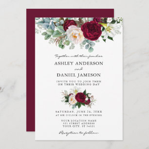 Watercolor Burgundy Floral Greenery Wedding Invitation