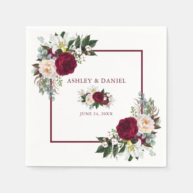 Watercolor Burgundy Floral Greenery Wedding Napkin (Front)