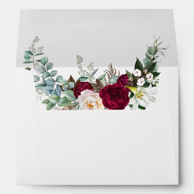 Watercolor Burgundy Floral Greenery Wedding White Envelope (Back (Bottom))
