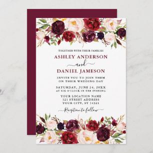 Watercolor Burgundy Floral Modern Wedding Invitation