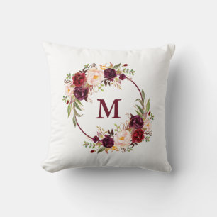 Watercolor Burgundy Floral Monogram Cushion
