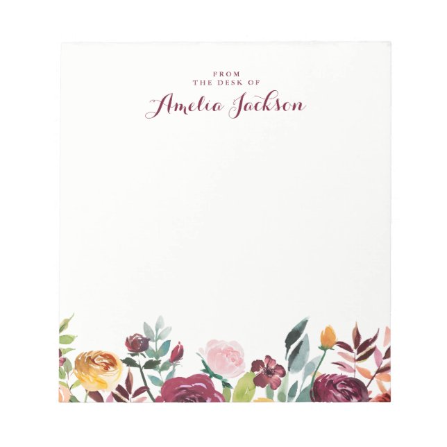 Watercolor Burgundy Floral Personalised Stationery Notepad (Front)