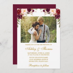 Watercolor Burgundy Floral Photo Gold Wedding Invitation
