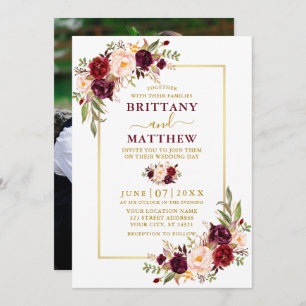 Watercolor Burgundy Floral Photo Gold Wedding Invitation