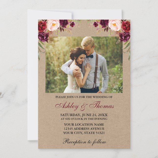 Watercolor Burgundy Floral Photo Kraft Wedding Invitation (Front)