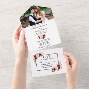 Watercolor Burgundy Floral Photo Wedding All In One Invitation
