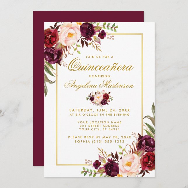 Watercolor Burgundy Floral Quinceanera Gold Invitation (Front/Back)