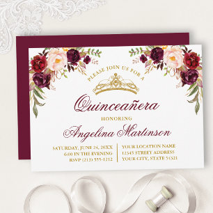 Watercolor Burgundy Floral Quinceanera Party Invitation