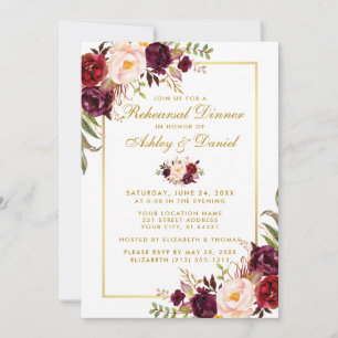 Watercolor Burgundy Floral Rehearsal Dinner Gold W Invitation