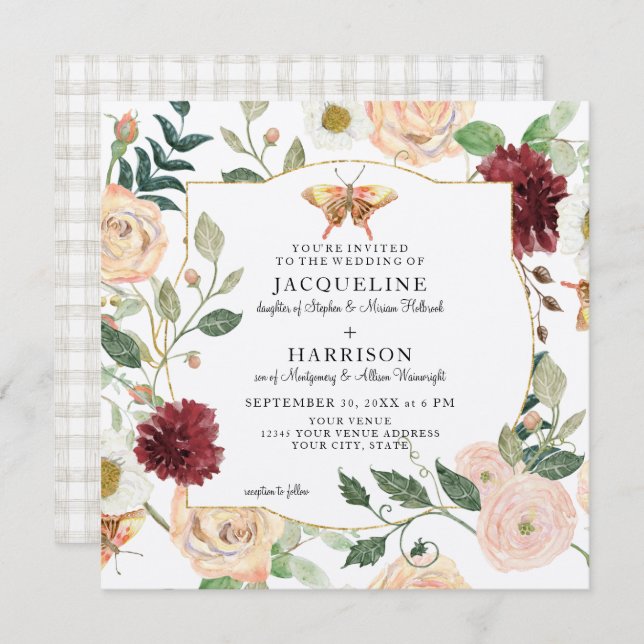 Watercolor Burgundy Floral Rose Butterfly Kraft Invitation (Front/Back)