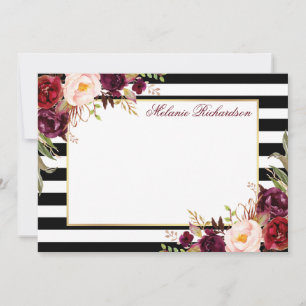Watercolor Burgundy Floral Striped Elegant Card