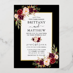 Watercolor Burgundy Floral Wedding Black Gold