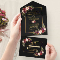 Watercolor Burgundy Floral Wedding Gold