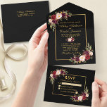 Watercolor Burgundy Floral Wedding Gold and Black All In One Invitation<br><div class="desc">Elegant Burgundy Watercolor Floral Gold Frame All In One Wedding Invitation with RSVP Card includes burgundy roses,  pink roses,  red roses and botanical greenery. Black background.</div>