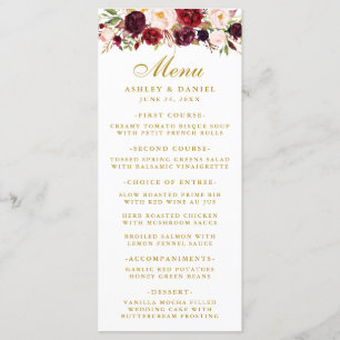 Watercolor Burgundy Floral Wedding Gold Menu