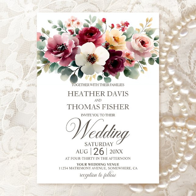 Watercolor Burgundy Floral Wedding Invitation (Creator Uploaded)